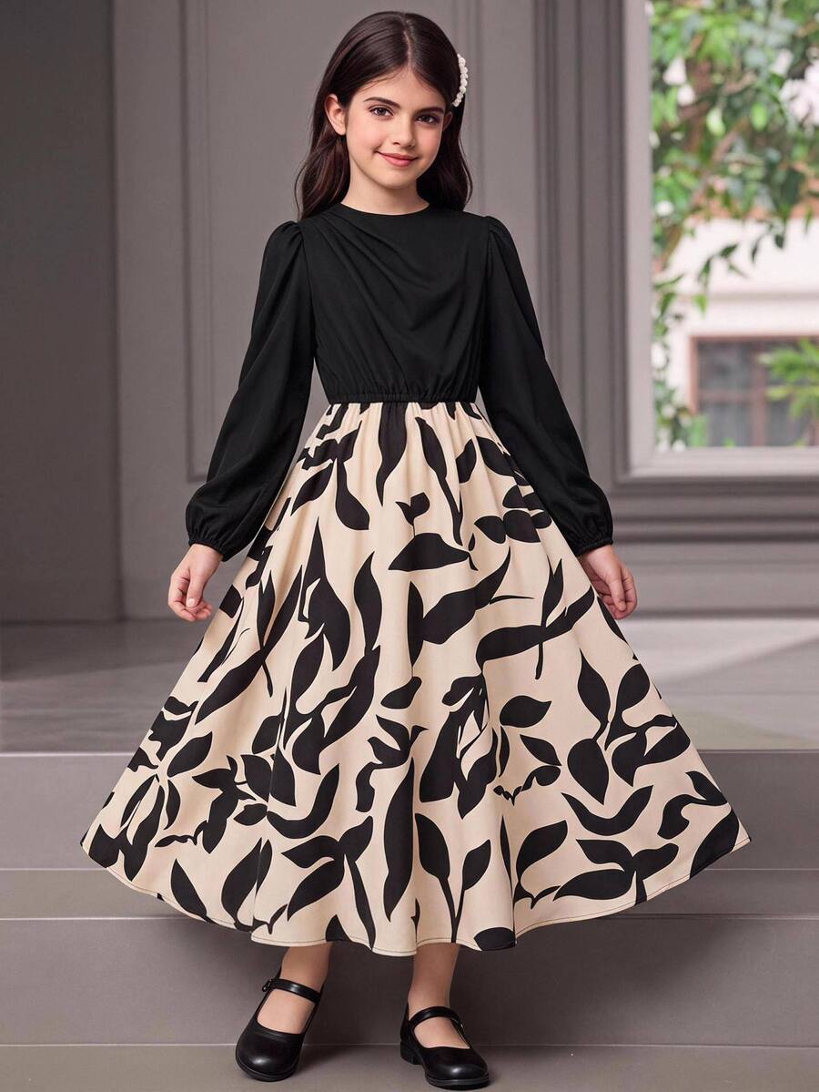 SHEIN Kids Tween Girl Autumn Winter Casual Fashion Commute Black Patchwork Long Sleeve A-Line Dress Homecoming Dress Halloween Fall Style Christmas Winter - Black - View 1