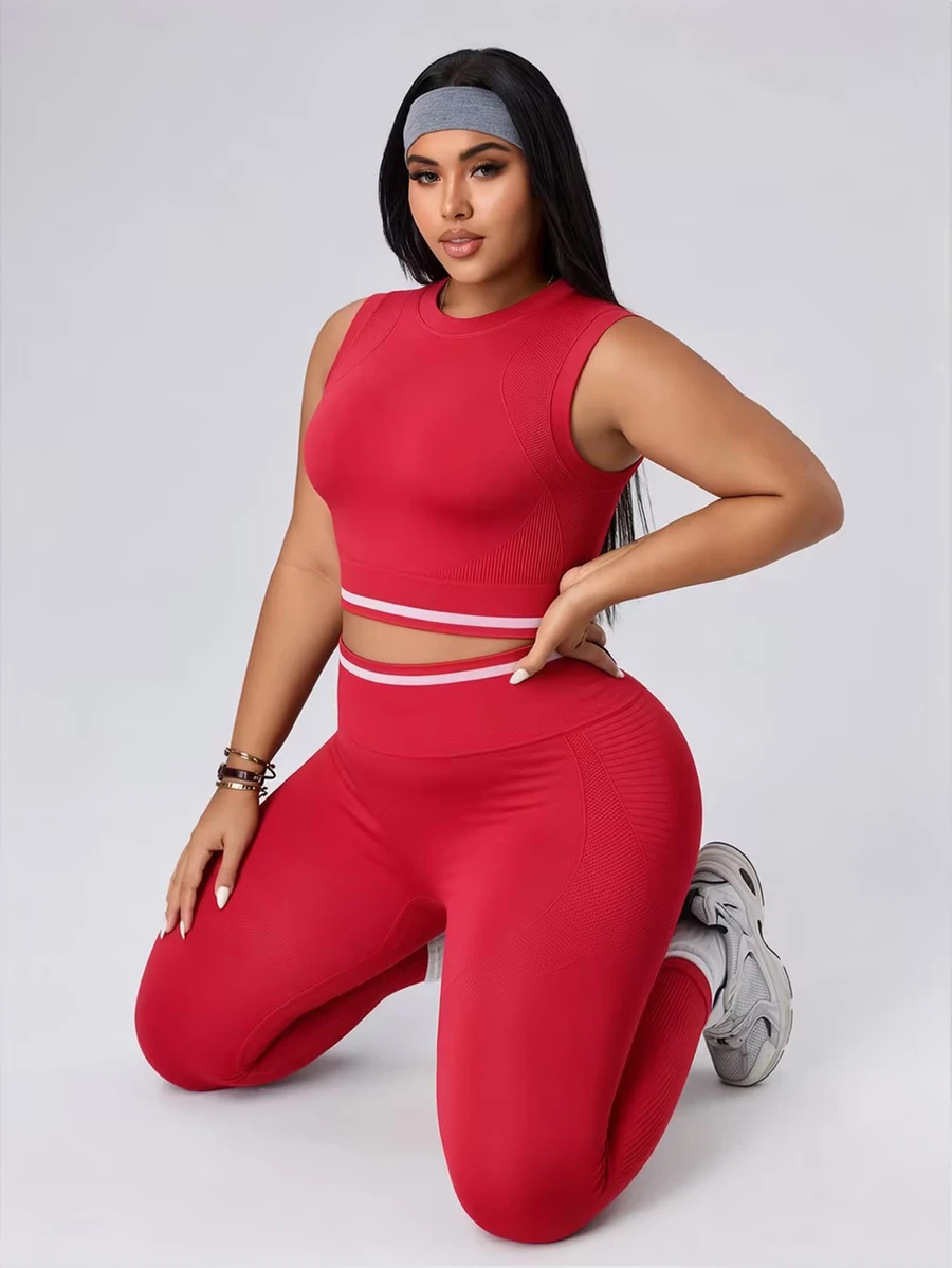 SHEIN Sovereign Charm Women's Plus Size Striped Cropped Tank Top And Leggings Sports Set - Red - View 1