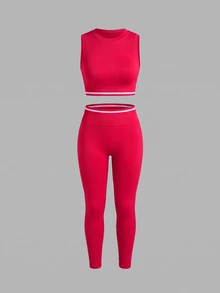 SHEIN Sovereign Charm Women's Plus Size Striped Cropped Tank Top And Leggings Sports Set - Red - View 5