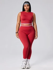SHEIN Sovereign Charm Women's Plus Size Striped Cropped Tank Top And Leggings Sports Set - Red - View 3