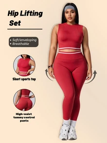 SHEIN Sovereign Charm Women's Plus Size Striped Cropped Tank Top And Leggings Sports Set - Red - View 2