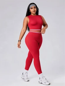 SHEIN Sovereign Charm Women's Plus Size Striped Cropped Tank Top And Leggings Sports Set - Red - View 4