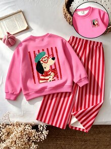 Baby Girls Christmas Dog Graphic Crewneck Sweatshirt And Vertical Striped Straight Leg Pants Set - Multicolor - View 2