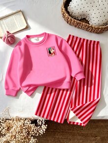 Baby Girls Christmas Dog Graphic Crewneck Sweatshirt And Vertical Striped Straight Leg Pants Set - Multicolor - View 3
