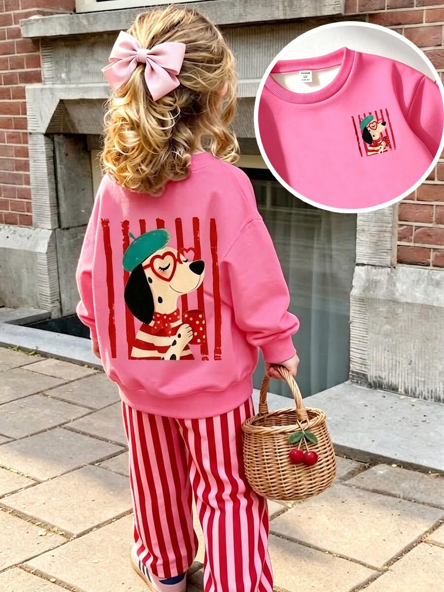 Baby Girls Christmas Dog Graphic Crewneck Sweatshirt And Vertical Striped Straight Leg Pants Set - Multicolor - View 1
