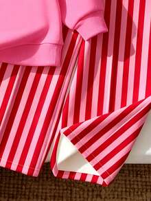 Baby Girls Christmas Dog Graphic Crewneck Sweatshirt And Vertical Striped Straight Leg Pants Set - Multicolor - View 5