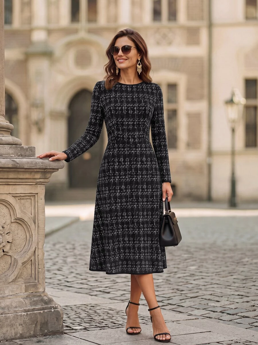 EMERY ROSE Women's Elegant Luxury Long Sleeve Tweed Dress Fall Clothes For Women Winter Outfit For Women Elegant Dresses For Women - Multicolor - View 1