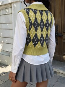 Autumina Women's CFair Isle Style Polo Collar Vest, Versatile Argyle Pattern, Daily Wear, Cute & Playful, Pullover Sweater, Commute, Gathering. - Multicolor - View 2