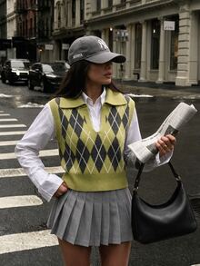 Autumina Women's CFair Isle Style Polo Collar Vest, Versatile Argyle Pattern, Daily Wear, Cute & Playful, Pullover Sweater, Commute, Gathering. - Multicolor - View 6