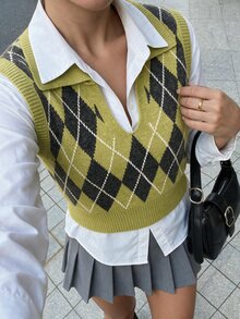 Autumina Women's CFair Isle Style Polo Collar Vest, Versatile Argyle Pattern, Daily Wear, Cute & Playful, Pullover Sweater, Commute, Gathering. - Multicolor - View 5