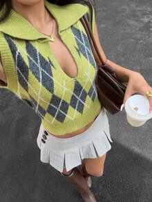 Autumina Women's CFair Isle Style Polo Collar Vest, Versatile Argyle Pattern, Daily Wear, Cute & Playful, Pullover Sweater, Commute, Gathering. - Multicolor - View 1