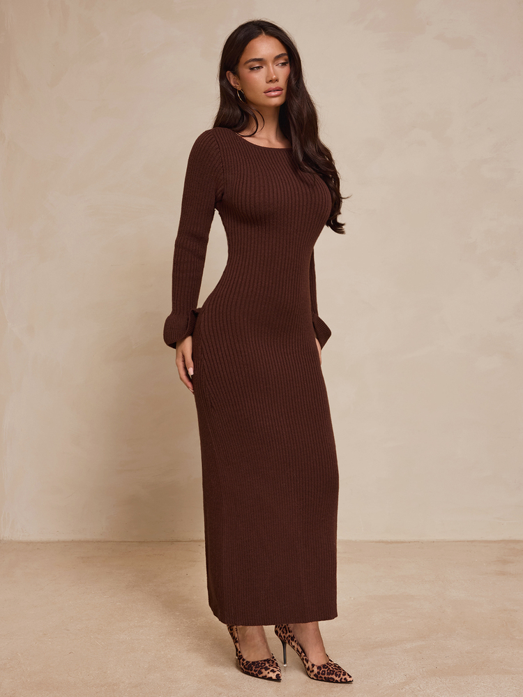 Glamine Women's Solid Color Elegant Ribbed Knit Dress With Flared Sleeves And Back Slit - Coffee Brown - View 4