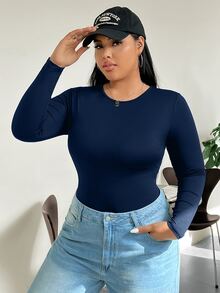 CovetEZ Plus Size Solid Color Long Sleeve Bodysuit, Casual Autumn Style - Navy Blue - View 5