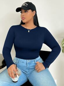 CovetEZ Plus Size Solid Color Long Sleeve Bodysuit, Casual Autumn Style - Navy Blue - View 4