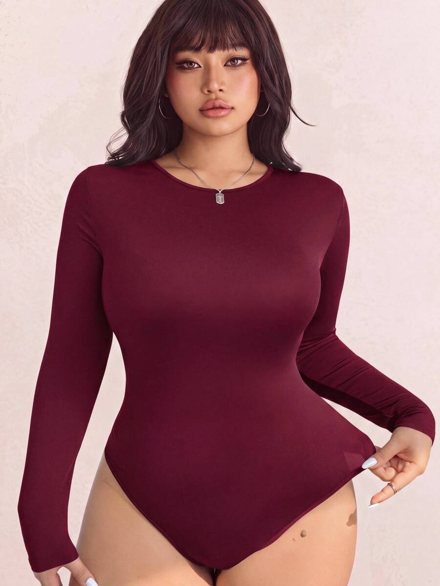 CovetEZ 大码女式红色圆领长袖休闲T恤连体衣 - 紅色 - 查看 1