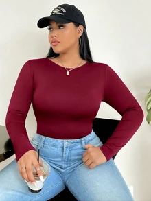 CovetEZ 大码女式红色圆领长袖休闲T恤连体衣 - 紅色 - 查看 4