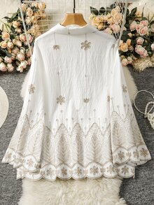 Lacomfia Plus Size Women Elegant Embroidered Long Sleeve Blouse - Multicolor - View 2