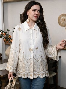 Lacomfia Plus Size Women Elegant Embroidered Long Sleeve Blouse - Multicolor - View 3