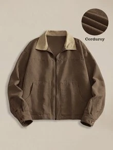 EASEVO Men's Plus Size Colorblock Lapel Long Sleeve Zip-Up Casual Shacket Plus Size Jacket,Men Plus Size,Plus Size Men,Halloween Winter Party Autumn - Brown - View 2