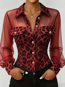 GlowEve Fall Clothes FOR WomenWomen's Mesh Patchwork Leopard Print Button Elegant T-Shirt - Red - View 3