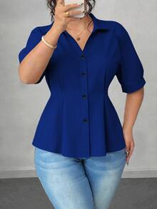 Elenzga Plus Size Women's Solid Color Fashionable Office Short Sleeve Blouse - Royal Blue - View 4
