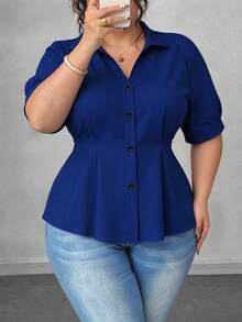 Elenzga Plus Size Women's Solid Color Fashionable Office Short Sleeve Blouse - Royal Blue - View 6