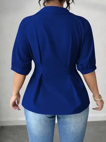 Elenzga Plus Size Women's Solid Color Fashionable Office Short Sleeve Blouse - Royal Blue - View 2