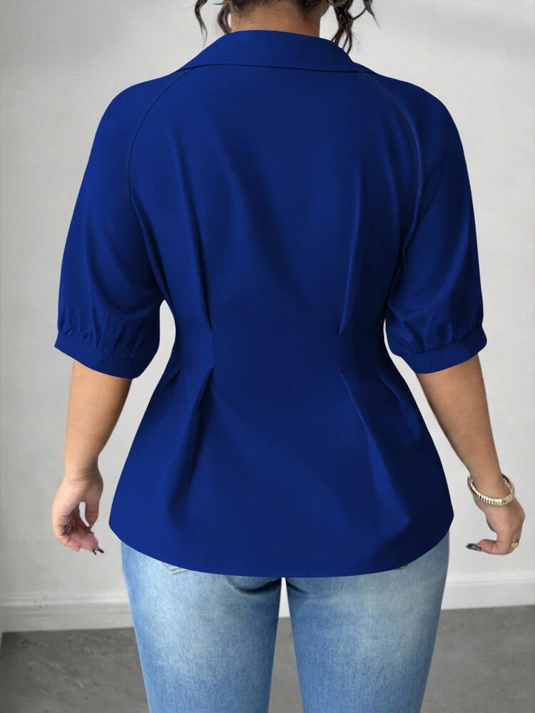 Elenzga Plus Size Women's Solid Color Fashionable Office Short Sleeve Blouse - Royal Blue - View 2