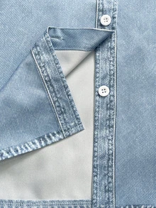 INAWLY [Efek Denim] Kemeja Lengan Panjang Wanita dengan Motif Efek Denim - Biru - View 4
