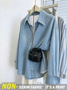 INAWLY [Efek Denim] Kemeja Lengan Panjang Wanita dengan Motif Efek Denim - Biru - View 1