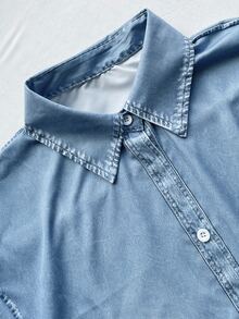 INAWLY [Efek Denim] Kemeja Lengan Panjang Wanita dengan Motif Efek Denim - Biru - View 5