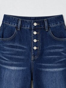 SHEIN Tall 女款寬腿牛仔褲，附口袋與鈕扣裝飾，時尚百搭 - 藍色 - 查看 6
