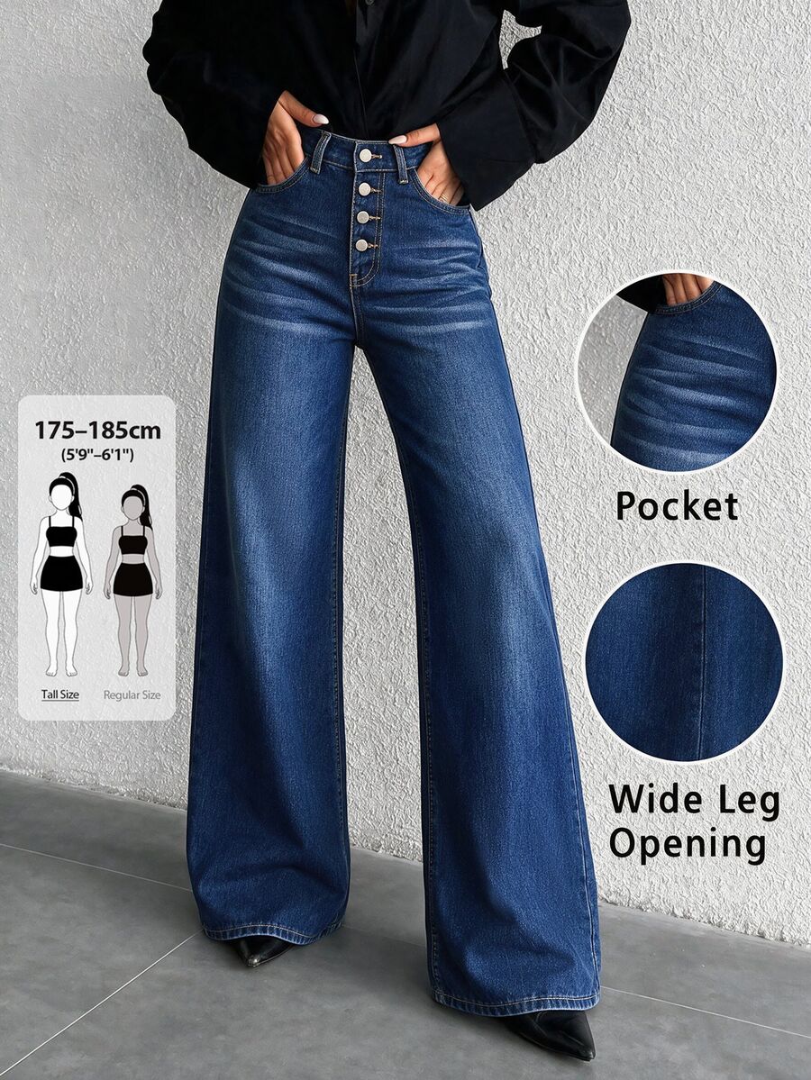 SHEIN Tall Women's Wide Leg Denim Jeans With Pocket And Button Decor, Fashionable And Versatile - Blue - View 1