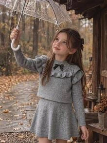 SHEIN Girls' Sweet Bow & Ruffle Cable Knit 2 Pieces Set, Round Neck Long Sleeve Sweater Top + A-Line Skirt, Casual Outing Outfit - Grey - View 11