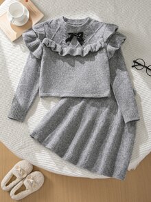 SHEIN Girls' Sweet Bow & Ruffle Cable Knit 2 Pieces Set, Round Neck Long Sleeve Sweater Top + A-Line Skirt, Casual Outing Outfit - Grey - View 10