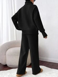 SHEIN طقم من قطعتين كنزة صوفية بياقة عالية وأكمام طويلة بلون موحد وتصميم محبوك بكابلات، أسود، شتوي، بسيط وكاجوال للاستخدام اليومي والسفر - الأسود - مشاهدة 2