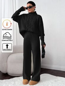 SHEIN طقم من قطعتين كنزة صوفية بياقة عالية وأكمام طويلة بلون موحد وتصميم محبوك بكابلات، أسود، شتوي، بسيط وكاجوال للاستخدام اليومي والسفر - الأسود - مشاهدة 1