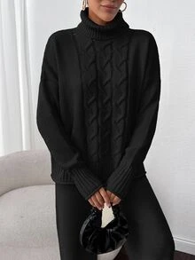 SHEIN طقم من قطعتين كنزة صوفية بياقة عالية وأكمام طويلة بلون موحد وتصميم محبوك بكابلات، أسود، شتوي، بسيط وكاجوال للاستخدام اليومي والسفر - الأسود - مشاهدة 3