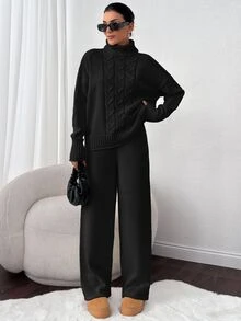 SHEIN طقم من قطعتين كنزة صوفية بياقة عالية وأكمام طويلة بلون موحد وتصميم محبوك بكابلات، أسود، شتوي، بسيط وكاجوال للاستخدام اليومي والسفر - الأسود - مشاهدة 4