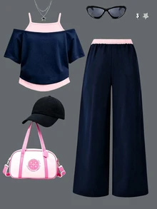 Tween Girls Cartoon Dog Embroidered Top, Tank & Wide Leg Pants Set, Navy Pink Sporty Stripe (3 Pcs) Fall Winter - Multicolor - View 2