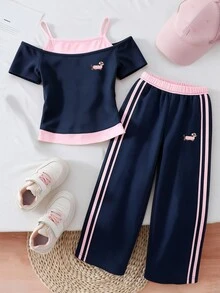 Tween Girls Cartoon Dog Embroidered Top, Tank & Wide Leg Pants Set, Navy Pink Sporty Stripe (3 Pcs) Fall Winter - Multicolor - View 5