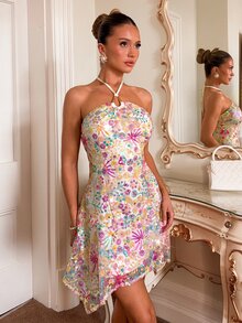 Glamine Off White Floral Sequin Embroidered Mesh Lined Halter Backless Bodycon Mini Dress Asymmetric Hem Club Date Night Party Summer Sexy - Multicolor - View 8