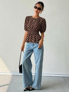 Ritzy Row Women's Polka Dot Print Puff Sleeve Shirt, Comfortable And Stylish For Commuting And Outdoor Wear, Spring/Summer - Brown - View 6