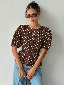 Ritzy Row Women's Polka Dot Print Puff Sleeve Shirt, Comfortable And Stylish For Commuting And Outdoor Wear, Spring/Summer - Brown - View 7