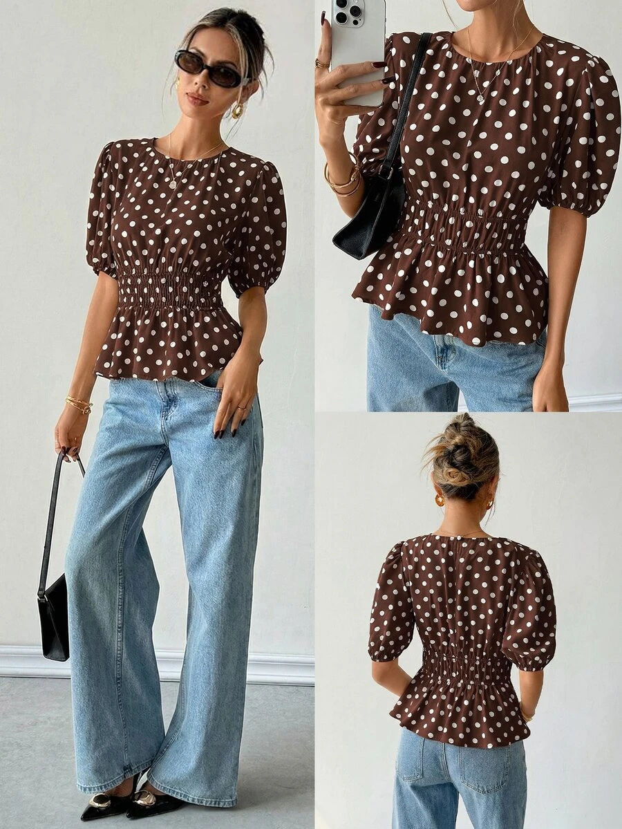 Ritzy Row Women's Polka Dot Print Puff Sleeve Shirt, Comfortable And Stylish For Commuting And Outdoor Wear, Spring/Summer - Brown - View 1