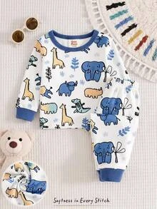Cozy Pixies Baby Boy Snug Fit Pajama Set, Cartoon Giraffe Animal Blue Pattern, Soft Knit Crew Neck Long Sleeve Pullover Top And Elastic Waist Long Pants, 2 Pieces Set - Multicolor - View 4