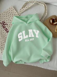 (1 Pc)Teen Girls Alphabet Pattern Printing Sweatshirt Long Sleeve Casual Mint Green Fall Winter Daily Tops Fresh And Fashionable - Green - View 4