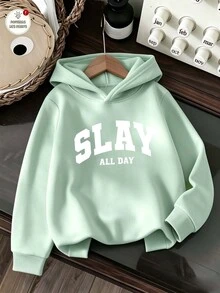 (1 Pc)Teen Girls Alphabet Pattern Printing Sweatshirt Long Sleeve Casual Mint Green Fall Winter Daily Tops Fresh And Fashionable - Green - View 1