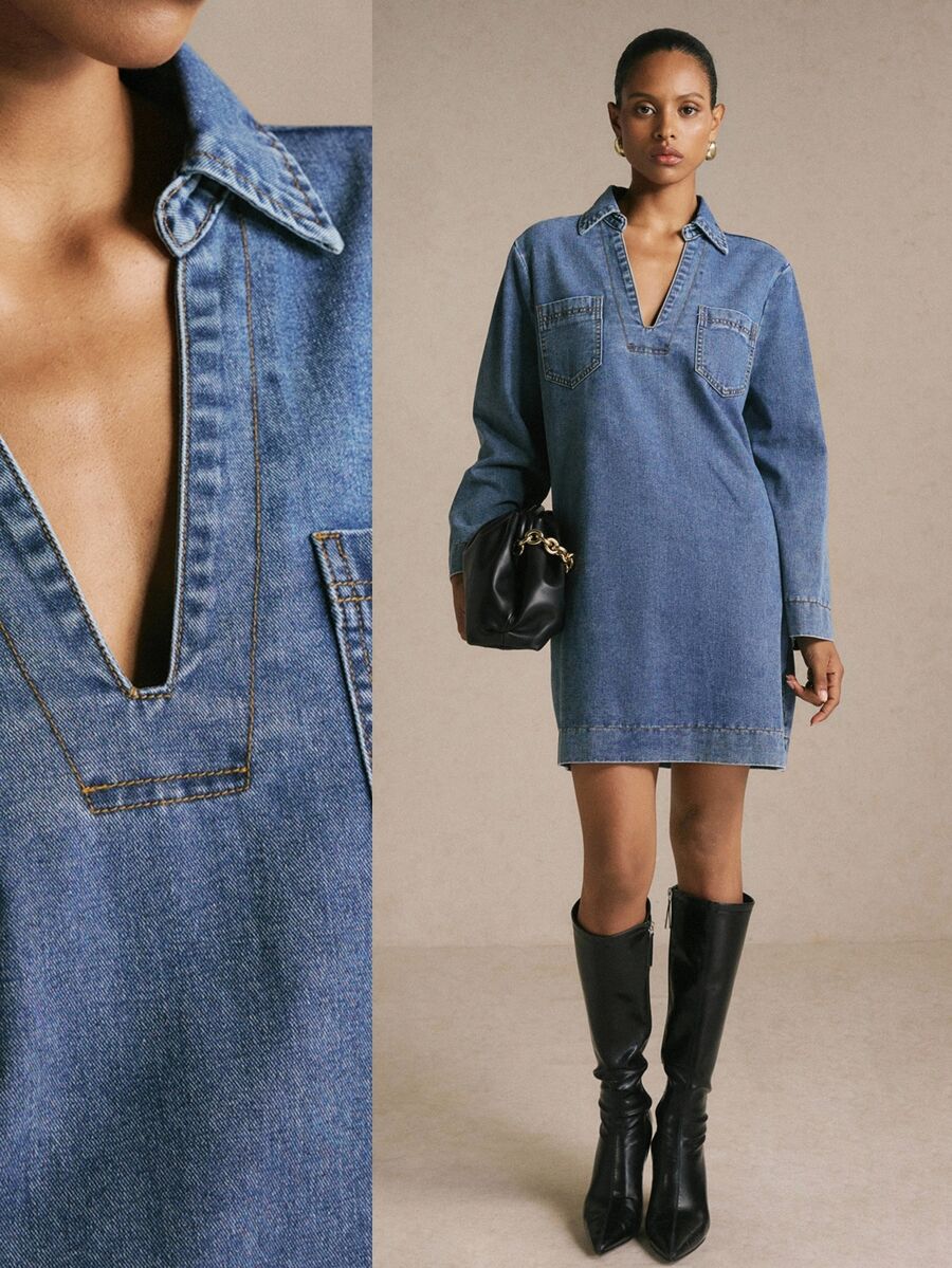 Poéselle Women's Casual Denim Dress, Autumn Brunch Travel Blue Fall Everyday Going Out