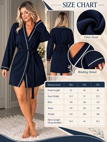 SHEIN Plus Size Women's Blue And White Contrast Trim Belted Long Sleeve Robe Nightwear Winter Elegant - Navy Blue - View 6